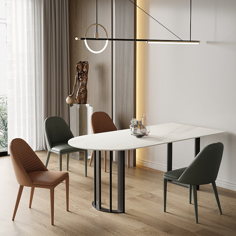 Sintered Stone Dining Table White Top Modern Double Pedestal Table for Kitchen Black 78.7"L x 31.5"W x 29.5"H Without Chairs Clearhalo ' dining_table' 'Dining Tables & Seating' 'Dining Tables' 'furn' 'furn_dining_table' 'Furniture' 'furniture_dining_table' 'Kitchen & Dining Furniture' 'kitchen&dining_furn' 'kitchen' 'kitchen_dining_table' 4538338