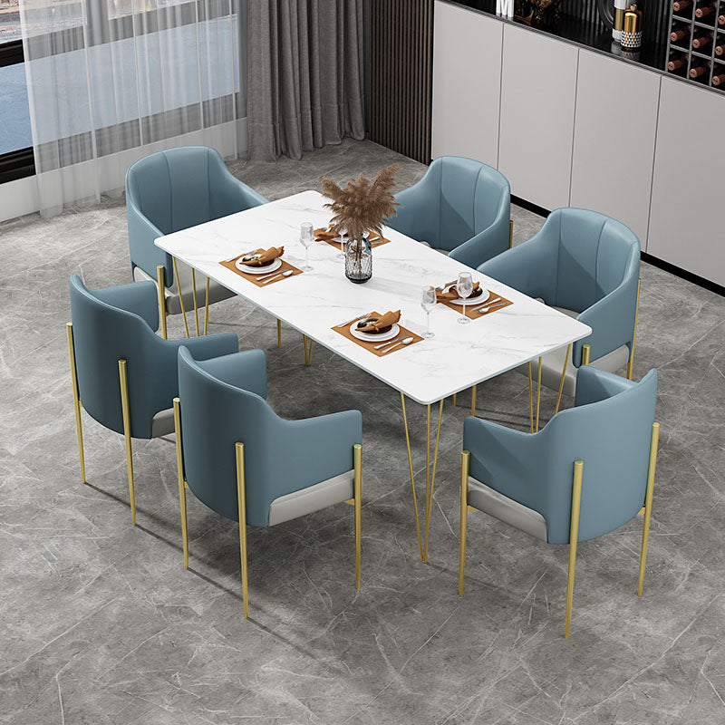 Glam 1/2/5/7 Pieces Dining Table Set Sintered Stone Table and Chair Set 7 Pieces: Table, 6 Blue Chairs Clearhalo 'Dining Room Sets' 'Dining Tables & Seating' 'dining_room_set' 'furn' 'furn_dining_room_set' 'Furniture' 'furniture_dining_room_set' 'Kitchen & Dining Furniture' 'kitchen&dining_furn' 'kitchen' 4545476
