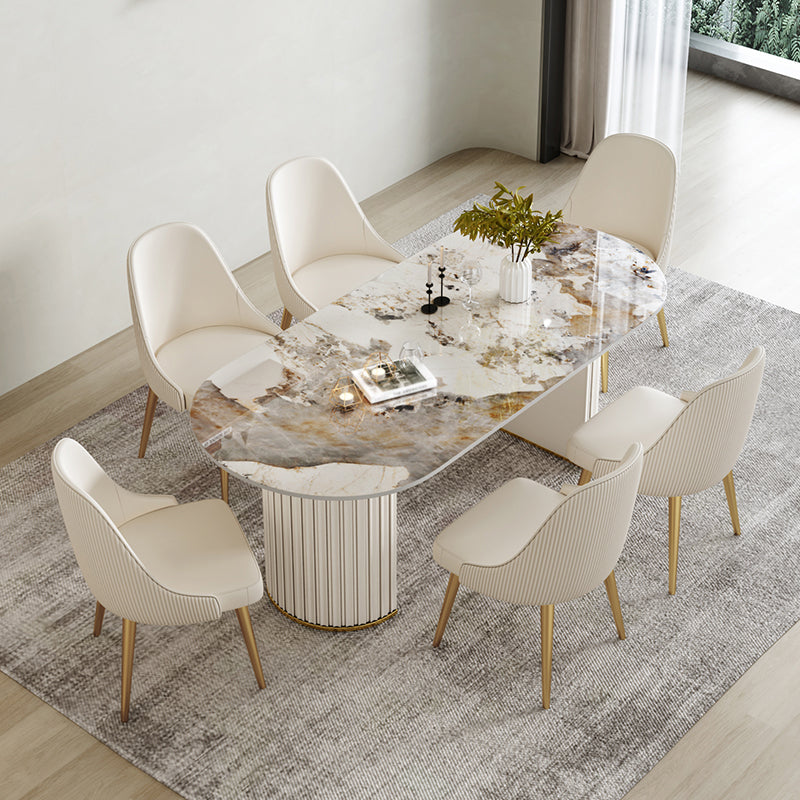 1/2/5/6/7 Pcs Metal Modern Dining Set with Oval Shape Table Dinette Set 7 Pieces: White-gold Table, 6 Chairs Clearhalo 'Dining Room Sets' 'Dining Tables & Seating' 'dining_room_set' 'furn' 'furn_dining_room_set' 'Furniture' 'furniture_dining_room_set' 'Kitchen & Dining Furniture' 'kitchen&dining_furn' 'kitchen' 4545591