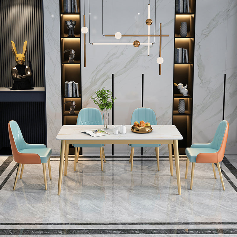 Minimalist Design 1/2/5/7 Rectangular Dining Room Table with Upholstered Chairs 5 Pieces: White Table, 4 Blue Chairs Clearhalo 'Dining Room Sets' 'Dining Tables & Seating' 'dining_room_set' 'furn' 'furn_dining_room_set' 'Furniture' 'furniture_dining_room_set' 'Kitchen & Dining Furniture' 'kitchen&dining_furn' 'kitchen' 4545701