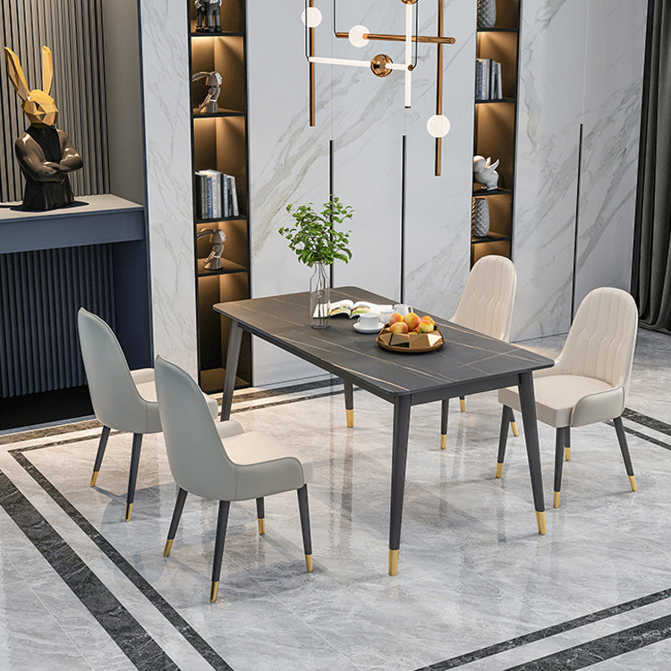 Minimalist Design 1/2/5/7 Rectangular Dining Room Table with Upholstered Chairs 5 Pieces: Black Table, 4 White Chairs Clearhalo 'Dining Room Sets' 'Dining Tables & Seating' 'dining_room_set' 'furn' 'furn_dining_room_set' 'Furniture' 'furniture_dining_room_set' 'Kitchen & Dining Furniture' 'kitchen&dining_furn' 'kitchen' 4545703