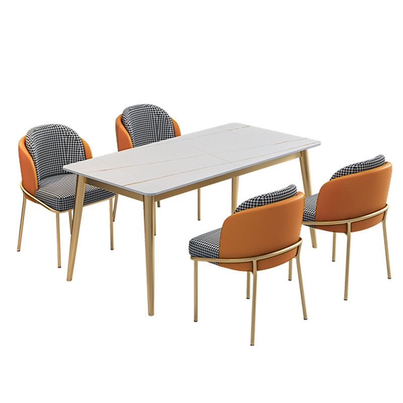 Minimalist Design 1/2/5/7 Rectangular Dining Room Table with Upholstered Chairs 5 Pieces: White Table, 4 Black-White Chairs Clearhalo 'Dining Room Sets' 'Dining Tables & Seating' 'dining_room_set' 'furn' 'furn_dining_room_set' 'Furniture' 'furniture_dining_room_set' 'Kitchen & Dining Furniture' 'kitchen&dining_furn' 'kitchen' 4545708