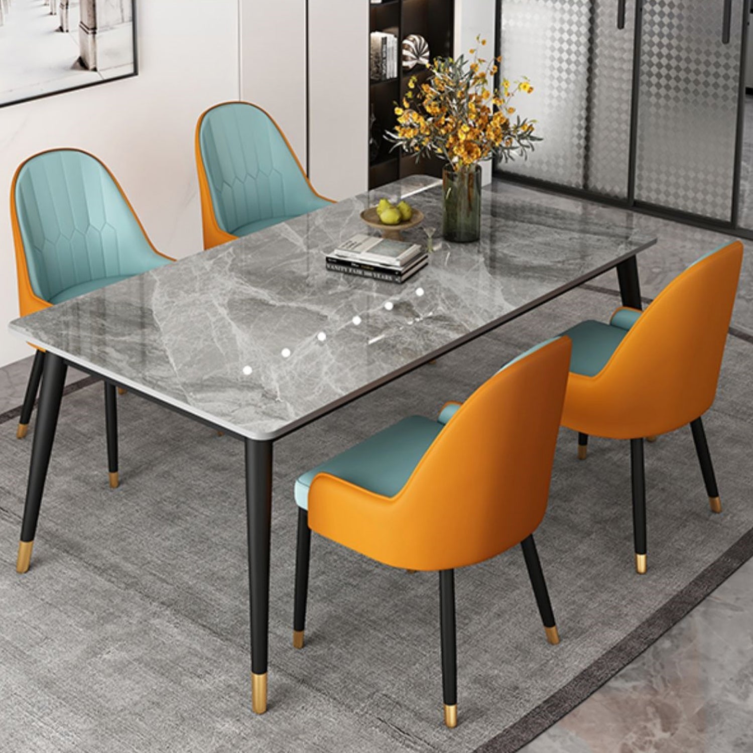 Nordic Style 1/4/5/7 Rectangle Dining Room Set with Leather Chairs 5 Pieces: Table, 4 Blue Chairs Clearhalo 'Dining Room Sets' 'Dining Tables & Seating' 'dining_room_set' 'furn' 'furn_dining_room_set' 'Furniture' 'furniture_dining_room_set' 'Kitchen & Dining Furniture' 'kitchen&dining_furn' 'kitchen' 4545731