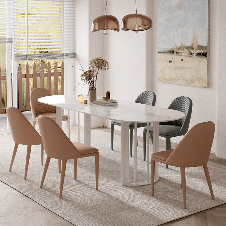 Modern Oval Dining Table Stone Top Table with Double Pedestal Base White 63"L x 27.6"W x 29.5"H Without Chairs Clearhalo ' dining_table' 'Dining Tables & Seating' 'Dining Tables' 'furn' 'furn_dining_table' 'Furniture' 'furniture_dining_table' 'Kitchen & Dining Furniture' 'kitchen&dining_furn' 'kitchen' 'kitchen_dining_table' 4545920