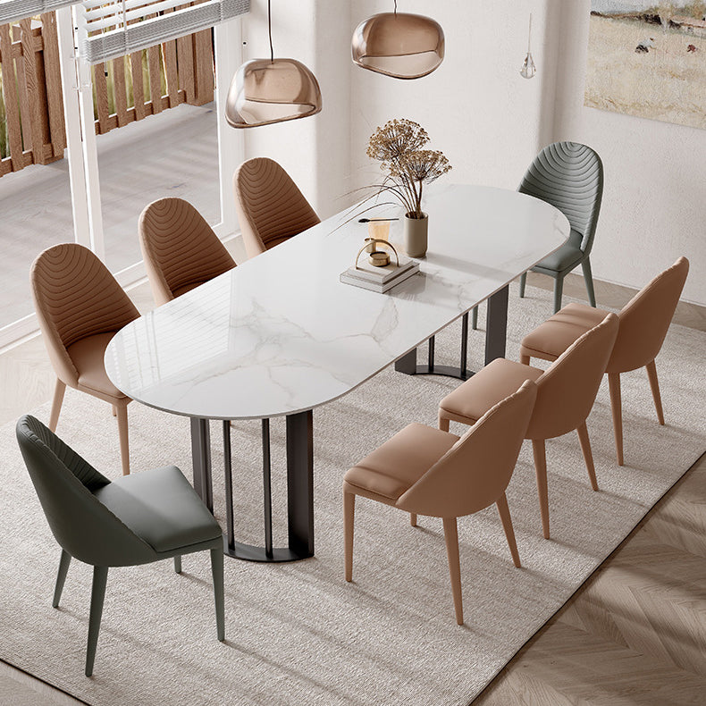 Modern Oval Dining Table Stone Top Table with Double Pedestal Base Black 78.7"L x 31.5"W x 29.5"H Without Chairs Clearhalo ' dining_table' 'Dining Tables & Seating' 'Dining Tables' 'furn' 'furn_dining_table' 'Furniture' 'furniture_dining_table' 'Kitchen & Dining Furniture' 'kitchen&dining_furn' 'kitchen' 'kitchen_dining_table' 4545923