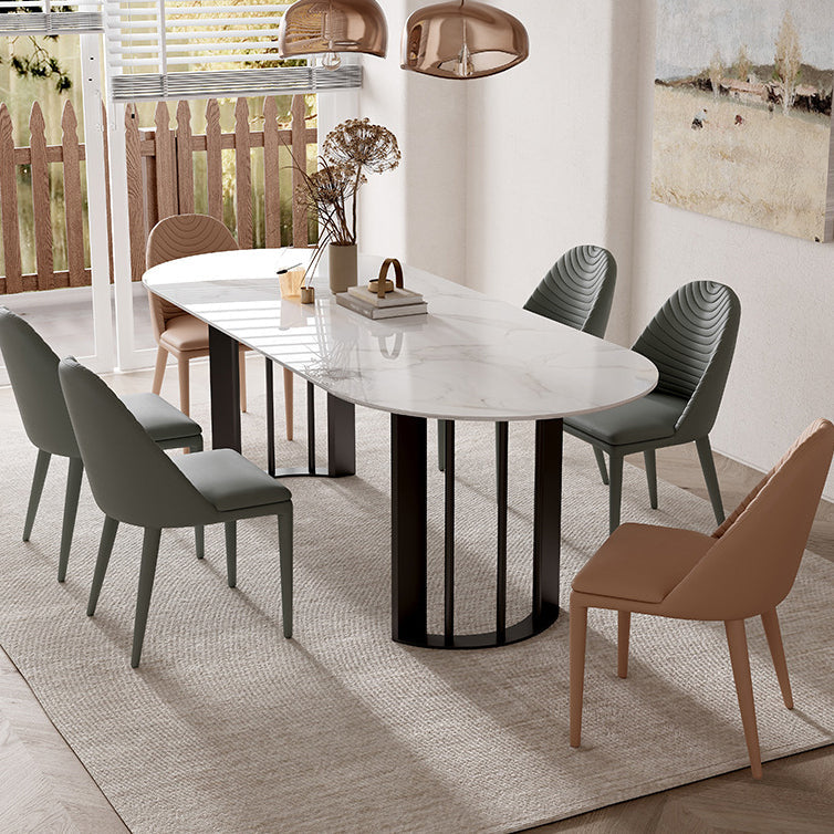 Modern Oval Dining Table Stone Top Table with Double Pedestal Base Black 63"L x 27.6"W x 29.5"H Without Chairs Clearhalo ' dining_table' 'Dining Tables & Seating' 'Dining Tables' 'furn' 'furn_dining_table' 'Furniture' 'furniture_dining_table' 'Kitchen & Dining Furniture' 'kitchen&dining_furn' 'kitchen' 'kitchen_dining_table' 4545924