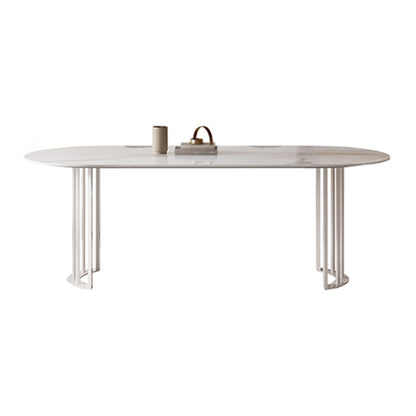 Modern Oval Dining Table Stone Top Table with Double Pedestal Base White Without Chairs Clearhalo ' dining_table' 'Dining Tables & Seating' 'Dining Tables' 'furn' 'furn_dining_table' 'Furniture' 'furniture_dining_table' 'Kitchen & Dining Furniture' 'kitchen&dining_furn' 'kitchen' 'kitchen_dining_table' 4545925