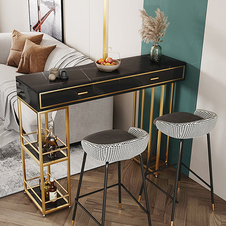 Marble Counter Table with Rectangle Table Top Double Pedestal Table - 41.3" H 47.2"L x 15.7"W x 41.3"H Gold-Black Without Chairs Clearhalo 'Bar Furniture' 'Bar Tables' 'bar_tables' 'furn' 'furn_bar_tables' 'Furniture' 'furniture_bar_tables' 'Kitchen & Dining Furniture' 4556313