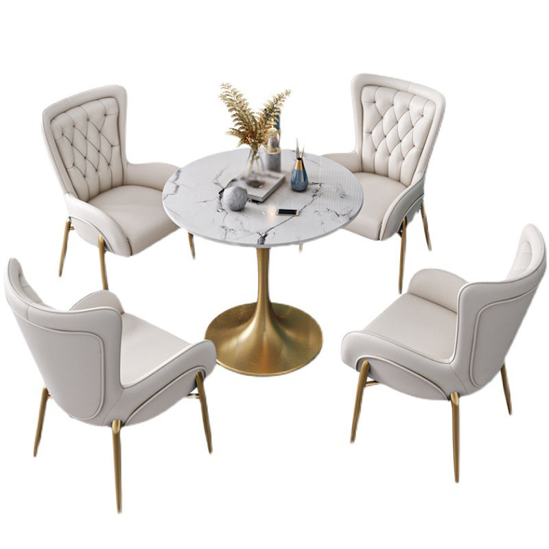 Glam Style 1/2/3/4/5 Pieces Dining Set Stone Top Dining Furniture Set for Living Room 5 Pieces: Table, 4 White Chairs Clearhalo 'Dining Room Sets' 'Dining Tables & Seating' 'dining_room_set' 'furn' 'furn_dining_room_set' 'Furniture' 'furniture_dining_room_set' 'Kitchen & Dining Furniture' 'kitchen&dining_furn' 'kitchen' 4556568