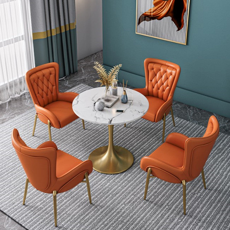 Glam Style 1/2/3/4/5 Pieces Dining Set Stone Top Dining Furniture Set for Living Room 5 Pieces: Table, 4 Orange Chairs Clearhalo 'Dining Room Sets' 'Dining Tables & Seating' 'dining_room_set' 'furn' 'furn_dining_room_set' 'Furniture' 'furniture_dining_room_set' 'Kitchen & Dining Furniture' 'kitchen&dining_furn' 'kitchen' 4556569