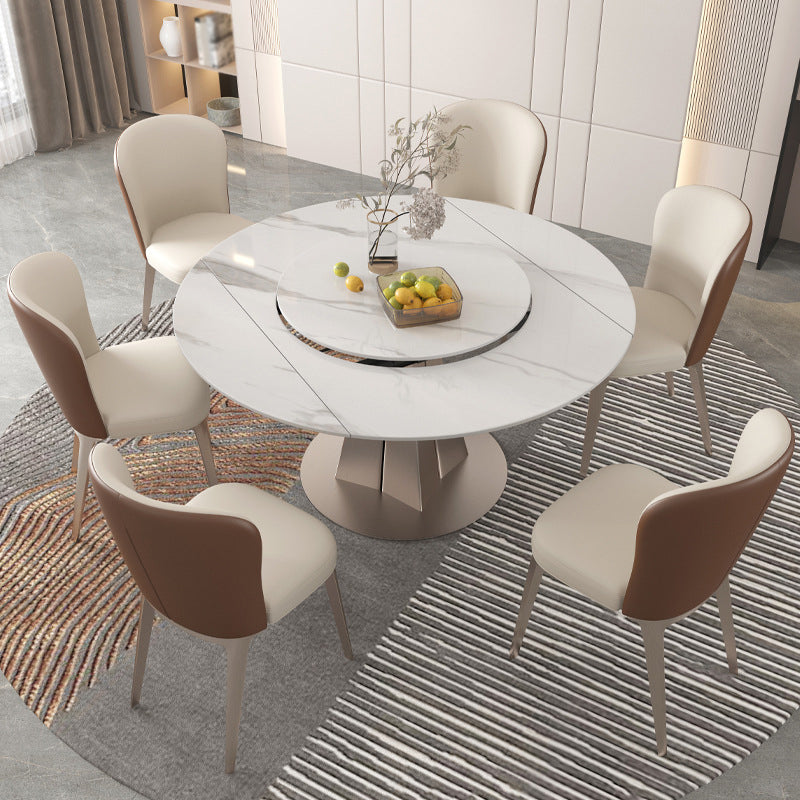 Modern Style 1/3/4/5/7/9 Pieces Dining Sintered Stone Dining Table Set with Metal Legs 7 Pieces: Table, 6 Chairs Clearhalo 'Dining Room Sets' 'Dining Tables & Seating' 'dining_room_set' 'furn' 'furn_dining_room_set' 'Furniture' 'furniture_dining_room_set' 'Kitchen & Dining Furniture' 'kitchen&dining_furn' 'kitchen' 4556584