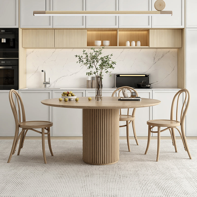 Round Pedestal Casual Dining Table Wood Color Fixed Table with Pinewood Solid Wood 55.1"L x 55.1"W x 29.5"H Without Chairs Clearhalo ' dining_table' 'Dining Tables & Seating' 'Dining Tables' 'furn' 'furn_dining_table' 'Furniture' 'furniture_dining_table' 'Kitchen & Dining Furniture' 'kitchen&dining_furn' 'kitchen' 'kitchen_dining_table' 4556685