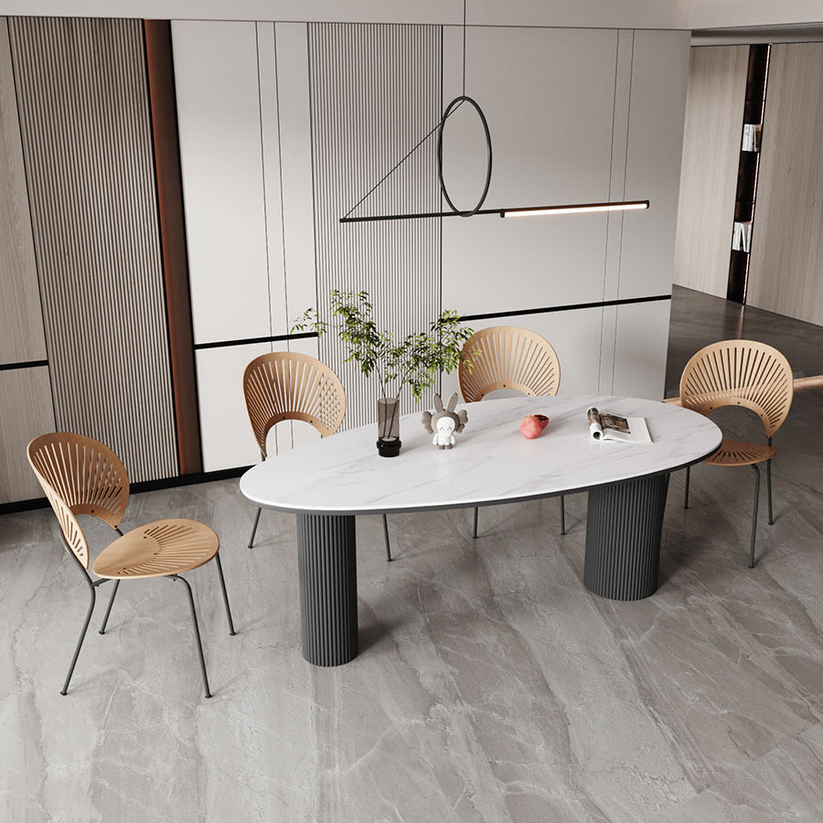Sintered Stone Top Dining Table Oval Table with Metal Base and 3 Legs White Black 55.1"L x 31.5"W x 29.5"H Clearhalo ' dining_table' 'Dining Tables & Seating' 'Dining Tables' 'furn' 'furn_dining_table' 'Furniture' 'furniture_dining_table' 'Kitchen & Dining Furniture' 'kitchen&dining_furn' 'kitchen' 'kitchen_dining_table' 4556946