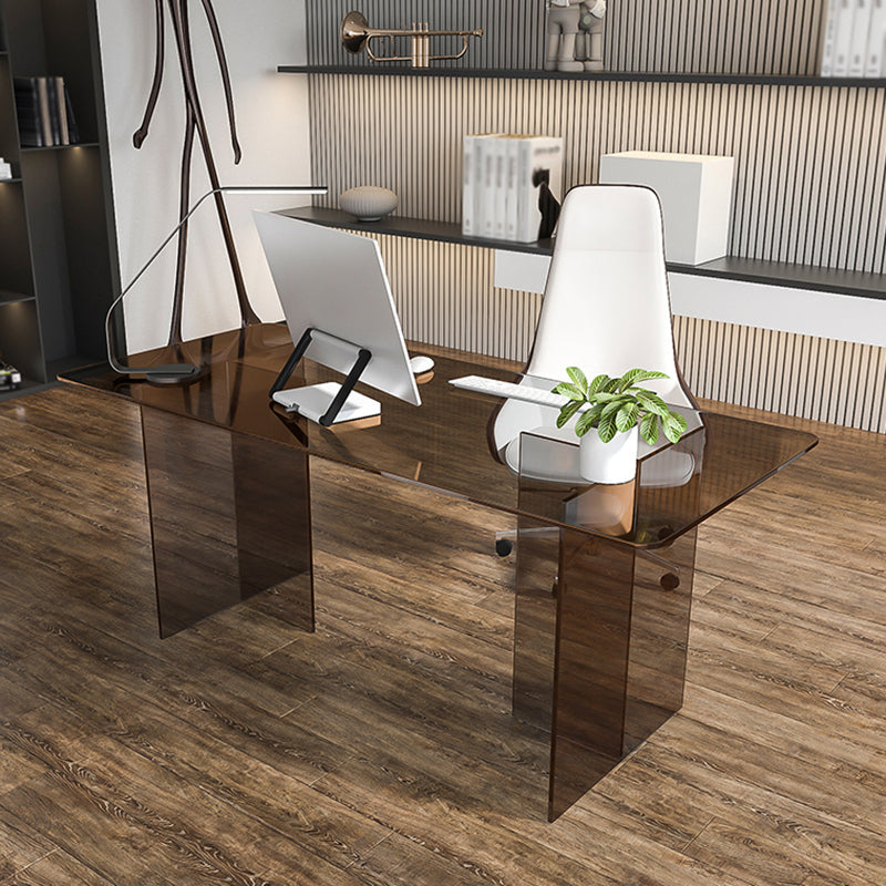 Acrylic Contemporary Rectangular Dining Table Clear Glass Table with Double Pedestal Base Brown Without Chairs Clearhalo ' dining_table' 'Dining Tables & Seating' 'Dining Tables' 'furn' 'furn_dining_table' 'Furniture' 'furniture_dining_table' 'Kitchen & Dining Furniture' 'kitchen&dining_furn' 'kitchen' 'kitchen_dining_table' 4557035