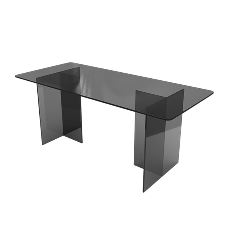 Acrylic Contemporary Rectangular Dining Table Clear Glass Table with Double Pedestal Base Grey 86.6"L x 31.5"W x 29.5"H Without Chairs Clearhalo ' dining_table' 'Dining Tables & Seating' 'Dining Tables' 'furn' 'furn_dining_table' 'Furniture' 'furniture_dining_table' 'Kitchen & Dining Furniture' 'kitchen&dining_furn' 'kitchen' 'kitchen_dining_table' 4557037