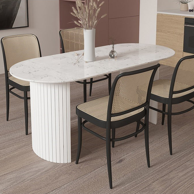 Sintered Stone Dining Table Simplicity Double Pedestal Table for Dining Room Oval Beige Clearhalo ' dining_table' 'Dining Tables & Seating' 'Dining Tables' 'furn' 'furn_dining_table' 'Furniture' 'furniture_dining_table' 'Kitchen & Dining Furniture' 'kitchen&dining_furn' 'kitchen' 'kitchen_dining_table' 4557052