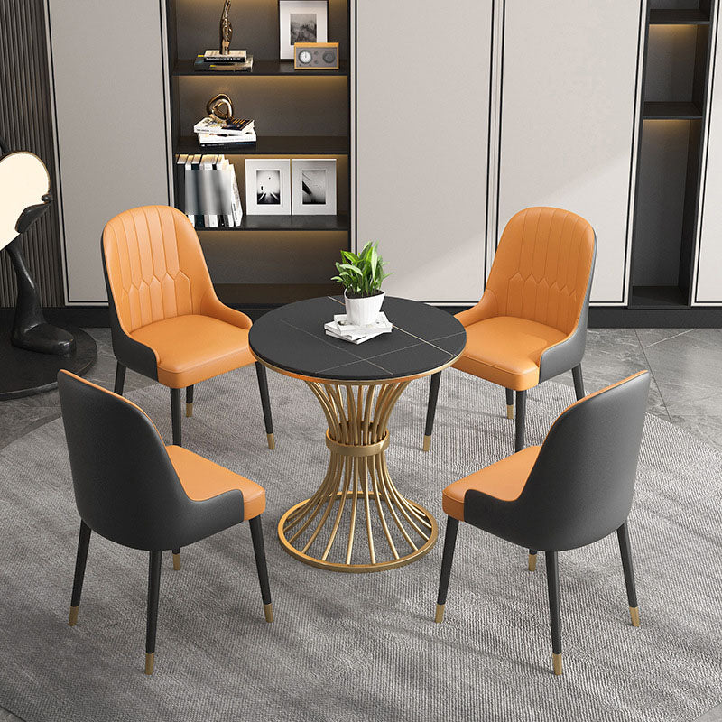 Glam Style 1/3/4/5 Pieces Dining Set Round Sintered Stone Dining Table Set 5 Pieces: Black Table, 4 Orange Chairs Clearhalo 'Dining Room Sets' 'Dining Tables & Seating' 'dining_room_set' 'furn' 'furn_dining_room_set' 'Furniture' 'furniture_dining_room_set' 'Kitchen & Dining Furniture' 'kitchen&dining_furn' 'kitchen' 4570194