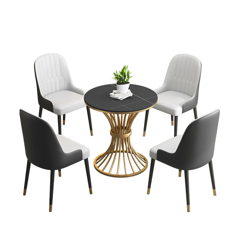 Glam Style 1/3/4/5 Pieces Dining Set Round Sintered Stone Dining Table Set 5 Pieces: Black Table, 4 White Chairs Clearhalo 'Dining Room Sets' 'Dining Tables & Seating' 'dining_room_set' 'furn' 'furn_dining_room_set' 'Furniture' 'furniture_dining_room_set' 'Kitchen & Dining Furniture' 'kitchen&dining_furn' 'kitchen' 4570206