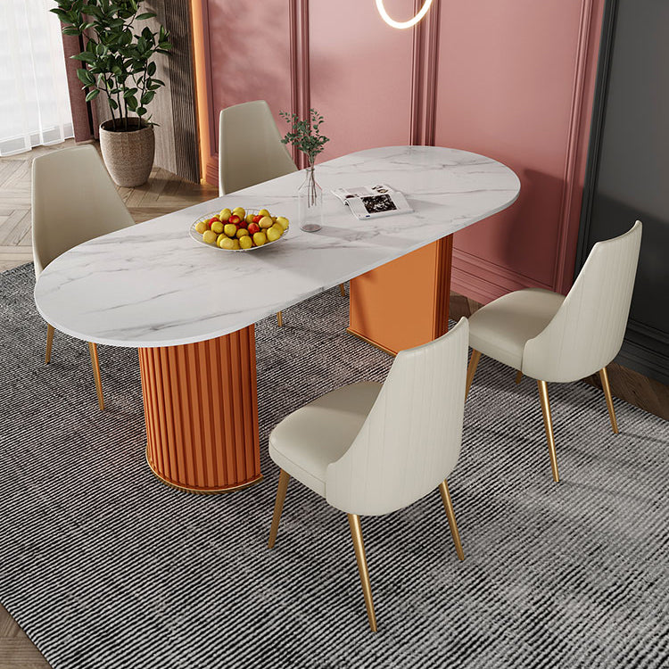 Oval Sintered Stone White Table Luxury Double Pedestal Table for Dining Room Orange 55.1"L x 31.5"W x 29.5"H Without Chairs Clearhalo ' dining_table' 'Dining Tables & Seating' 'Dining Tables' 'furn' 'furn_dining_table' 'Furniture' 'furniture_dining_table' 'Kitchen & Dining Furniture' 'kitchen&dining_furn' 'kitchen' 'kitchen_dining_table' 4571745