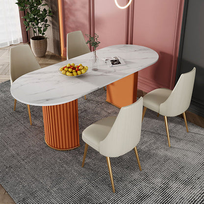 Oval Sintered Stone White Table Luxury Double Pedestal Table for Dining Room Orange 55.1"L x 31.5"W x 29.5"H Without Chairs Clearhalo ' dining_table' 'Dining Tables & Seating' 'Dining Tables' 'furn' 'furn_dining_table' 'Furniture' 'furniture_dining_table' 'Kitchen & Dining Furniture' 'kitchen&dining_furn' 'kitchen' 'kitchen_dining_table' 4571745
