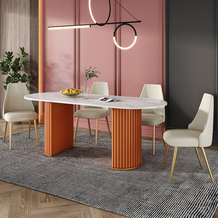 Oval Sintered Stone White Table Luxury Double Pedestal Table for Dining Room Orange 70.9"L x 31.5"W x 29.5"H Without Chairs Clearhalo ' dining_table' 'Dining Tables & Seating' 'Dining Tables' 'furn' 'furn_dining_table' 'Furniture' 'furniture_dining_table' 'Kitchen & Dining Furniture' 'kitchen&dining_furn' 'kitchen' 'kitchen_dining_table' 4571746