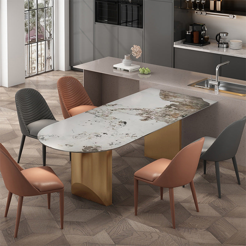 Modern Dining Table Stone Top Dining Table with Stainless Steel Double pedestal Base Gold Without Chairs Clearhalo ' dining_table' 'Dining Tables & Seating' 'Dining Tables' 'furn' 'furn_dining_table' 'Furniture' 'furniture_dining_table' 'Kitchen & Dining Furniture' 'kitchen&dining_furn' 'kitchen' 'kitchen_dining_table' 4571808