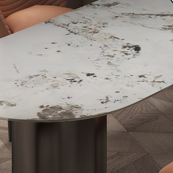 Modern Dining Table Stone Top Dining Table with Stainless Steel Double pedestal Base Clearhalo ' dining_table' 'Dining Tables & Seating' 'Dining Tables' 'furn' 'furn_dining_table' 'Furniture' 'furniture_dining_table' 'Kitchen & Dining Furniture' 'kitchen&dining_furn' 'kitchen' 'kitchen_dining_table' 4571811