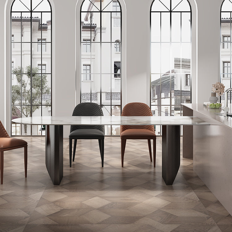 Modern Dining Table Stone Top Dining Table with Stainless Steel Double pedestal Base Clearhalo ' dining_table' 'Dining Tables & Seating' 'Dining Tables' 'furn' 'furn_dining_table' 'Furniture' 'furniture_dining_table' 'Kitchen & Dining Furniture' 'kitchen&dining_furn' 'kitchen' 'kitchen_dining_table' 4571815