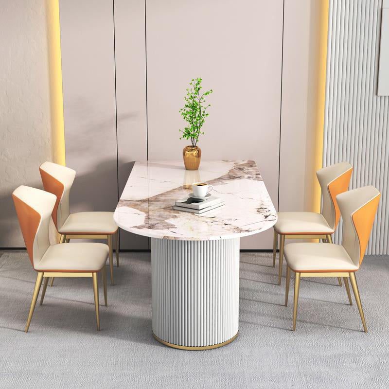 Stone Top Dining Table Modern Dining Table with Double Pedestal Base in White Gray 55.1"L x 31.5"W x 29.5"H Without Chairs Clearhalo ' dining_table' 'Dining Tables & Seating' 'Dining Tables' 'furn' 'furn_dining_table' 'Furniture' 'furniture_dining_table' 'Kitchen & Dining Furniture' 'kitchen&dining_furn' 'kitchen' 'kitchen_dining_table' 4571832