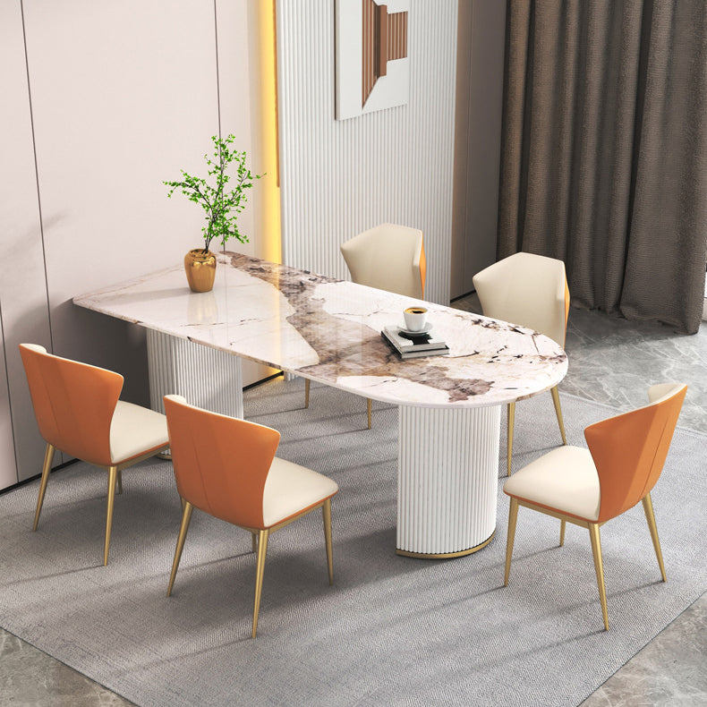 Stone Top Dining Table Modern Dining Table with Double Pedestal Base in White Gray 63"L x 31.5"W x 29.5"H Without Chairs Clearhalo ' dining_table' 'Dining Tables & Seating' 'Dining Tables' 'furn' 'furn_dining_table' 'Furniture' 'furniture_dining_table' 'Kitchen & Dining Furniture' 'kitchen&dining_furn' 'kitchen' 'kitchen_dining_table' 4571833