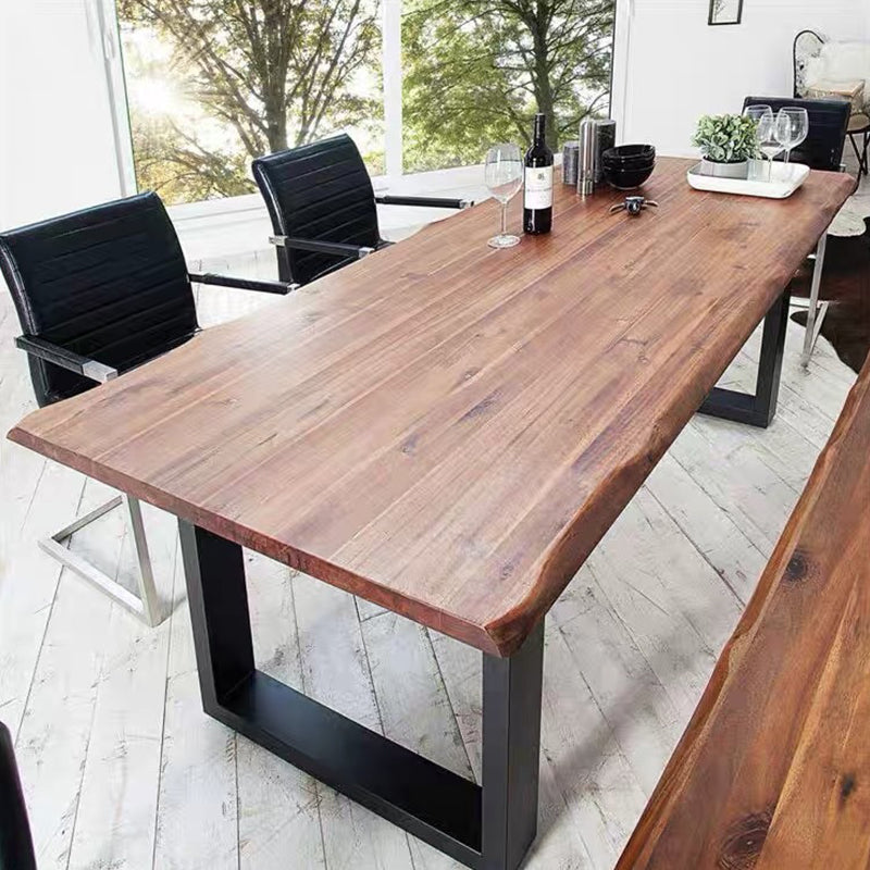 Rectangle Double Pedestal Industrial Dining Table Fixed Table of Solid Wood Walnut 63"L x 27.6"W x 29.5"H Without Chairs Clearhalo ' dining_table' 'Dining Tables & Seating' 'Dining Tables' 'furn' 'furn_dining_table' 'Furniture' 'furniture_dining_table' 'Kitchen & Dining Furniture' 'kitchen&dining_furn' 'kitchen' 'kitchen_dining_table' 4571967