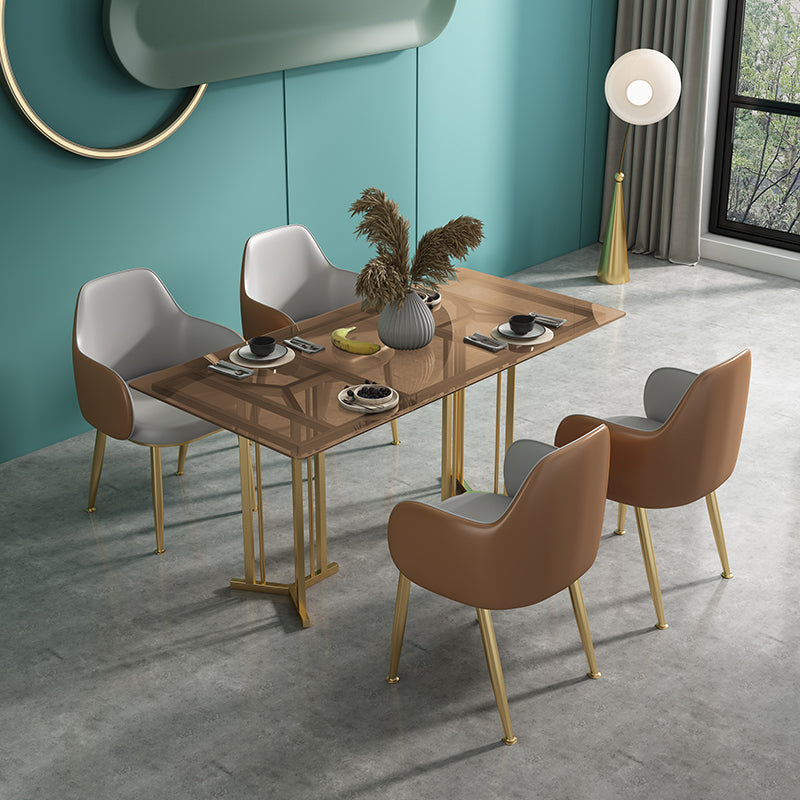 Rectangle Glass Dining Table Modern Style Dining Table with Gold Frame Brown 55.1"L x 31.5"W x 29.5"H Without Chairs Clearhalo ' dining_table' 'Dining Tables & Seating' 'Dining Tables' 'furn' 'furn_dining_table' 'Furniture' 'furniture_dining_table' 'Kitchen & Dining Furniture' 'kitchen&dining_furn' 'kitchen' 'kitchen_dining_table' 4572105