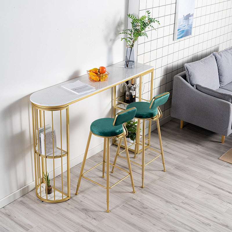 Glam Marble Counter Table with Specialty Top Double Pedestal Table - 42" H 63"L x 15.7"W x 41.3"H White-Gold Without Chairs Clearhalo 'Bar Furniture' 'Bar Tables' 'bar_tables' 'furn' 'furn_bar_tables' 'Furniture' 'furniture_bar_tables' 'Kitchen & Dining Furniture' 4575087