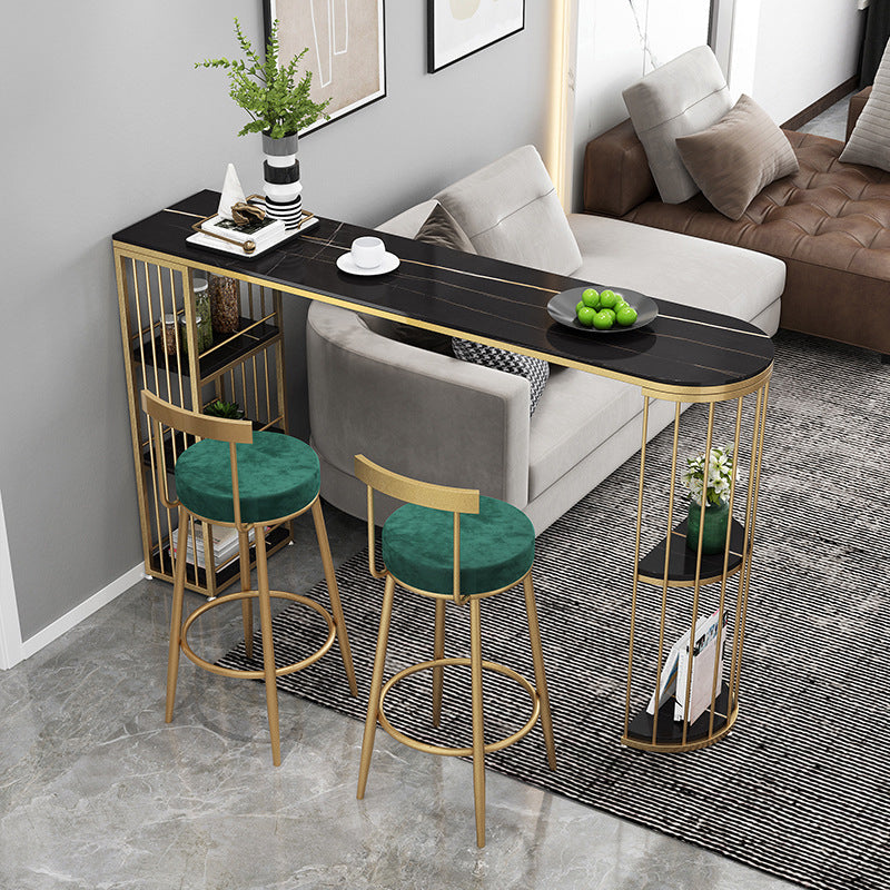 Marble Glam Counter Table with Specialty Top Gold Double Pedestal Table - 42" H 78.7"L x 15.7"W x 41.3"H Gold-Black Without Chairs Clearhalo 'Bar Furniture' 'Bar Tables' 'bar_tables' 'furn' 'furn_bar_tables' 'Furniture' 'furniture_bar_tables' 'Kitchen & Dining Furniture' 4575119