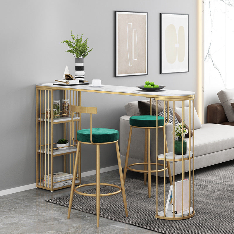 Marble Glam Counter Table with Specialty Top Gold Double Pedestal Table - 42" H 78.7"L x 15.7"W x 41.3"H White-Gold Without Chairs Clearhalo 'Bar Furniture' 'Bar Tables' 'bar_tables' 'furn' 'furn_bar_tables' 'Furniture' 'furniture_bar_tables' 'Kitchen & Dining Furniture' 4575122