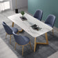 Glam 1/4/5 Pieces Dining Set Rectangle Sintered Stone Dining Table for Home Use 5 Pieces: Table, 4 Blue Chairs Clearhalo 'Dining Room Sets' 'Dining Tables & Seating' 'dining_room_set' 'furn' 'furn_dining_room_set' 'Furniture' 'furniture_dining_room_set' 'Kitchen & Dining Furniture' 'kitchen&dining_furn' 'kitchen' 4576696