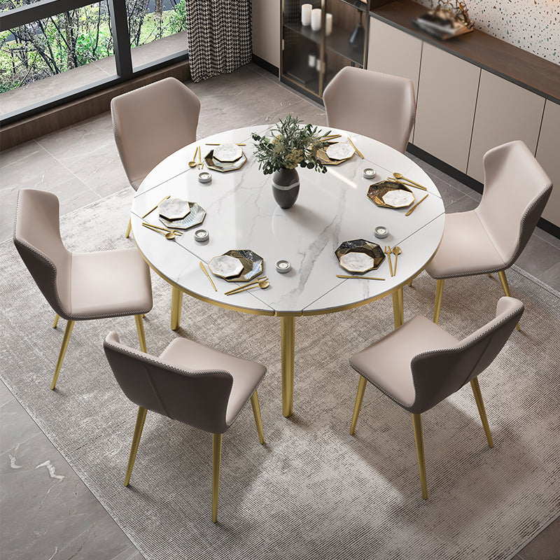 Glam 1/2/5/7 Pieces Dining Set Round Sintered Stone Dining Table for Dining Room 7 Pieces: White Table, 6 Grey Chairs Clearhalo 'Dining Room Sets' 'Dining Tables & Seating' 'dining_room_set' 'furn' 'furn_dining_room_set' 'Furniture' 'furniture_dining_room_set' 'Kitchen & Dining Furniture' 'kitchen&dining_furn' 'kitchen' 4576755