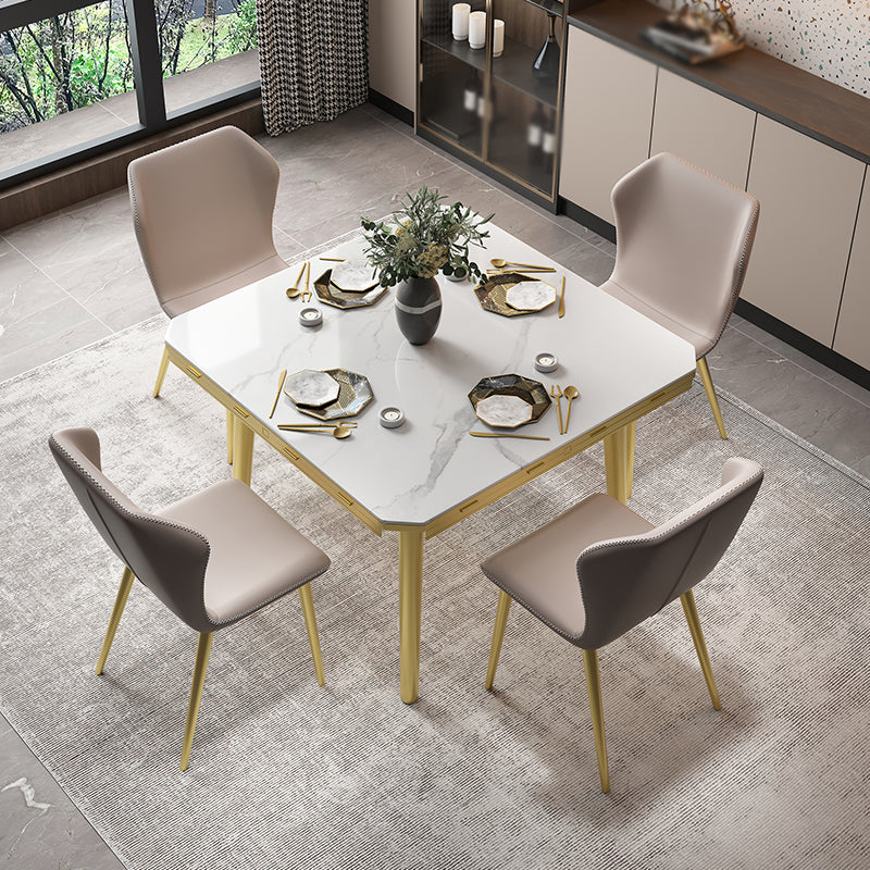 Glam 1/2/5/7 Pieces Dining Set Round Sintered Stone Dining Table for Dining Room 5 Pieces: White Table, 4 Grey Chairs Clearhalo 'Dining Room Sets' 'Dining Tables & Seating' 'dining_room_set' 'furn' 'furn_dining_room_set' 'Furniture' 'furniture_dining_room_set' 'Kitchen & Dining Furniture' 'kitchen&dining_furn' 'kitchen' 4576759