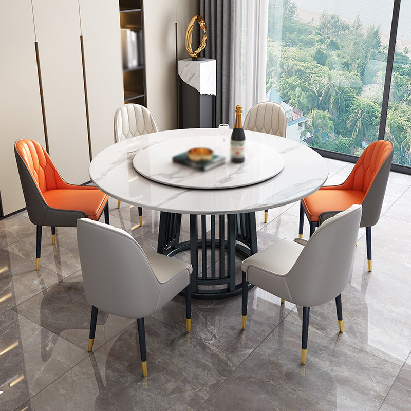 Modern 1/2/7 Pieces Dining Set Round Sintered Stone Dining Table for Dining Room 7 Pieces: White Table, 4 White and 2 Orange Chairs Clearhalo 'Dining Room Sets' 'Dining Tables & Seating' 'dining_room_set' 'furn' 'furn_dining_room_set' 'Furniture' 'furniture_dining_room_set' 'Kitchen & Dining Furniture' 'kitchen&dining_furn' 'kitchen' 4576770