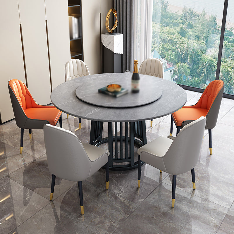 Modern 1/2/7 Pieces Dining Set Round Sintered Stone Dining Table for Dining Room 7 Pieces: Grey Table, 4 White+2 Orange Chairs Clearhalo 'Dining Room Sets' 'Dining Tables & Seating' 'dining_room_set' 'furn' 'furn_dining_room_set' 'Furniture' 'furniture_dining_room_set' 'Kitchen & Dining Furniture' 'kitchen&dining_furn' 'kitchen' 4576772