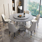Modern 1/2/7 Pieces Dining Set Round Sintered Stone Dining Table for Dining Room 7 Pieces: Light Grey Table, 6 White Chairs Clearhalo 'Dining Room Sets' 'Dining Tables & Seating' 'dining_room_set' 'furn' 'furn_dining_room_set' 'Furniture' 'furniture_dining_room_set' 'Kitchen & Dining Furniture' 'kitchen&dining_furn' 'kitchen' 4576774