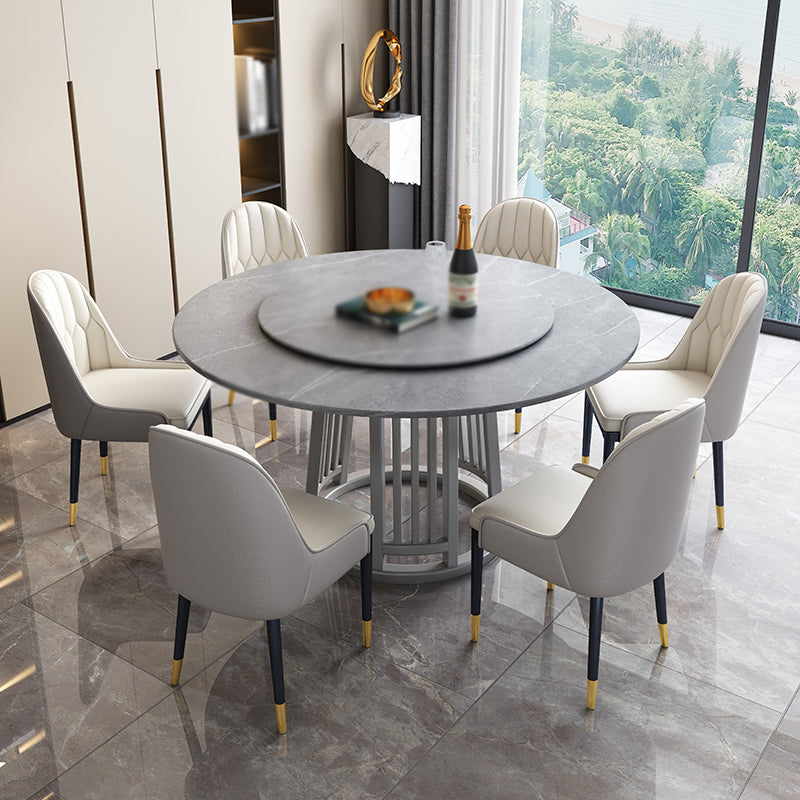 Modern 1/2/7 Pieces Dining Set Round Sintered Stone Dining Table for Dining Room 7 Pieces: Light Grey Table, 6 White Chairs Clearhalo 'Dining Room Sets' 'Dining Tables & Seating' 'dining_room_set' 'furn' 'furn_dining_room_set' 'Furniture' 'furniture_dining_room_set' 'Kitchen & Dining Furniture' 'kitchen&dining_furn' 'kitchen' 4576774