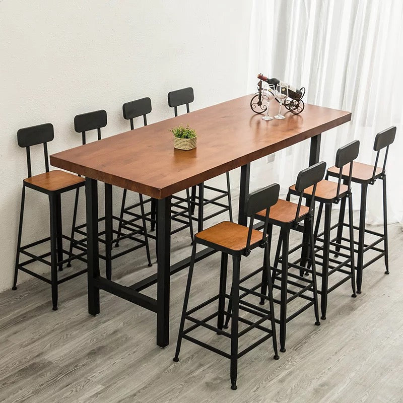 Brown Modern Style Bar Table Solid Wood and Iron with Footrest Coffee Shop Bar Table 86.6"L x 15.7"W x 41.3"H Without Chairs Clearhalo 'Bar Furniture' 'Bar Tables' 'bar_tables' 'furn' 'furn_bar_tables' 'Furniture' 'furniture_bar_tables' 'Kitchen & Dining Furniture' 4586916