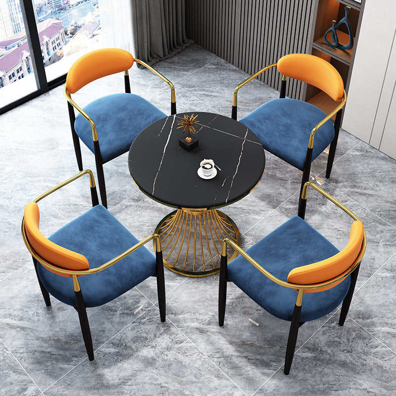Glam 1/4/5 Pieces Dining Set Gold Base and Stone Top Table Kitchen Set for Dining Room 5 Pieces: Table, 4 Blue Chairs Clearhalo 'Dining Room Sets' 'Dining Tables & Seating' 'dining_room_set' 'furn' 'furn_dining_room_set' 'Furniture' 'furniture_dining_room_set' 'Kitchen & Dining Furniture' 'kitchen&dining_furn' 'kitchen' 4588308