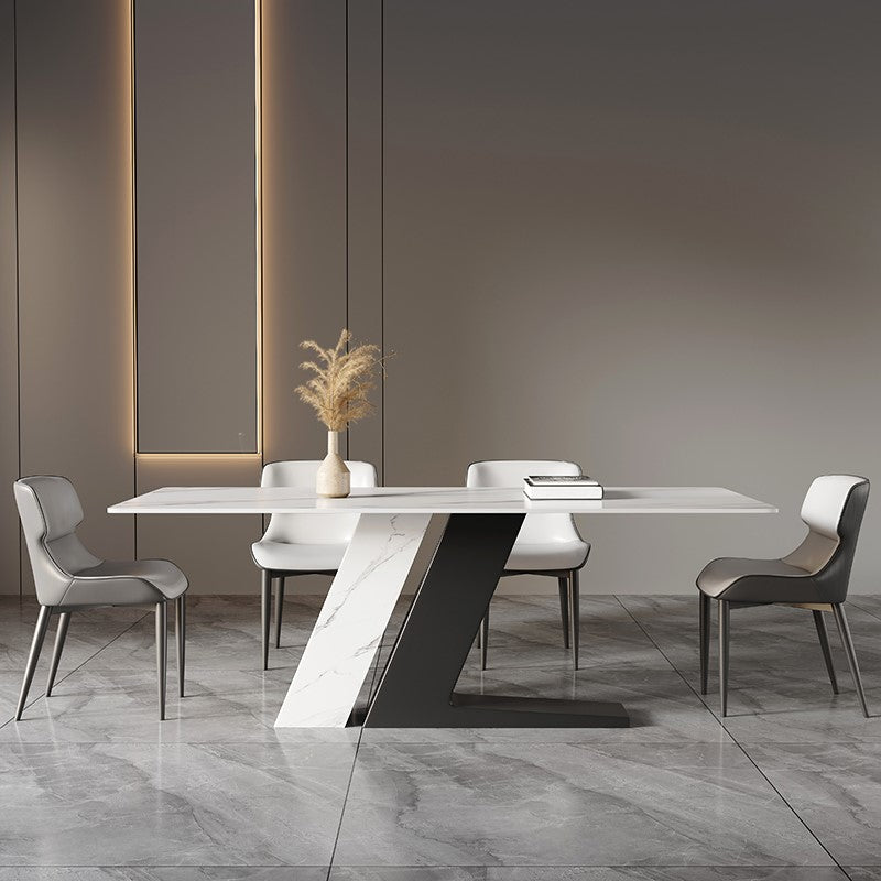 Luxury Sintered Stone Dining Table Rectangle White Table with Double Pedestal Base Black 59.1"L x 31.5"W x 29.5"H Without Chairs Clearhalo ' dining_table' 'Dining Tables & Seating' 'Dining Tables' 'furn' 'furn_dining_table' 'Furniture' 'furniture_dining_table' 'Kitchen & Dining Furniture' 'kitchen&dining_furn' 'kitchen' 'kitchen_dining_table' 4588345