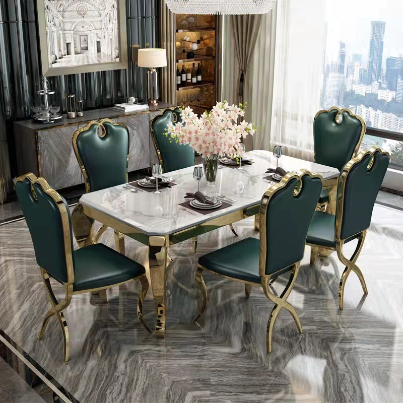 Rectangle Shape Luxury Style Dining Table Marble Fixed Table for Kitchen Gold 55.1"L x 31.5"W x 29.5"H Without Chairs Clearhalo ' dining_table' 'Dining Tables & Seating' 'Dining Tables' 'furn' 'furn_dining_table' 'Furniture' 'furniture_dining_table' 'Kitchen & Dining Furniture' 'kitchen&dining_furn' 'kitchen' 'kitchen_dining_table' 4588416