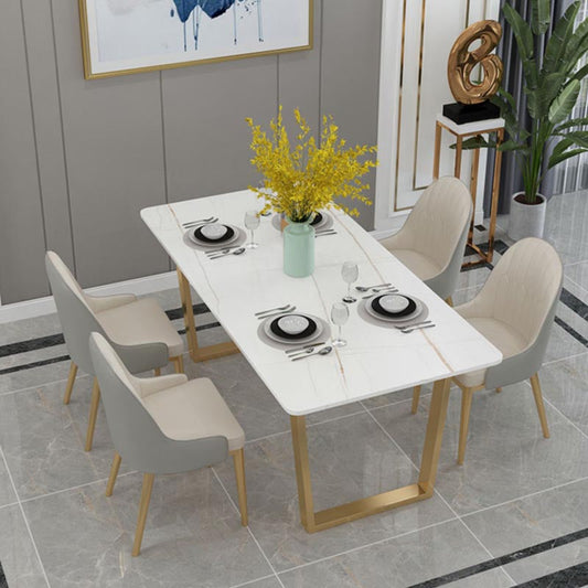 Luxury Sintered Stone Top Kitchen Table Rectangle Table with Double Pedestal in Gold White Without Chairs