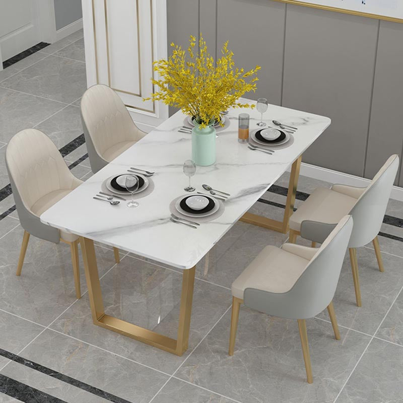 Luxury Sintered Stone Top Kitchen Table Rectangle Table with Double Pedestal in Gold White 55.1"L x 31.5"W x 29.5"H Without Chairs Clearhalo ' dining_table' 'Dining Tables & Seating' 'Dining Tables' 'furn' 'furn_dining_table' 'Furniture' 'furniture_dining_table' 'Kitchen & Dining Furniture' 'kitchen&dining_furn' 'kitchen' 'kitchen_dining_table' 4588556