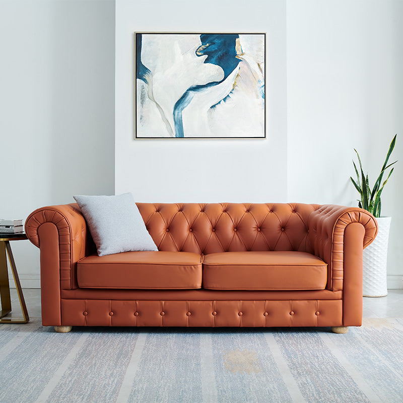 28 " High Modern Faux Leather Rolled Arm Chesterfield Sofa Mid Century Modern Sofa Orange Clearhalo 'furn' 'furn_sofas' 'Furniture' 'furniture_sofas' 'kitchen' 'kitchen_sofas' 'Living Room Furniture' 'Sofa' 'sofas' 4592165