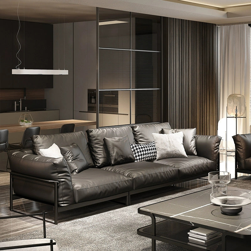 Genuine Leather Classic Industrial Sofa 33.46"High Square Arm Sofa & Bolster Pillows 102"L x 41.5"W x 33.5"H Clearhalo 'furn' 'furn_sofas' 'Furniture' 'furniture_sofas' 'kitchen' 'kitchen_sofas' 'Living Room Furniture' 'Sofa' 'sofas' 4592426